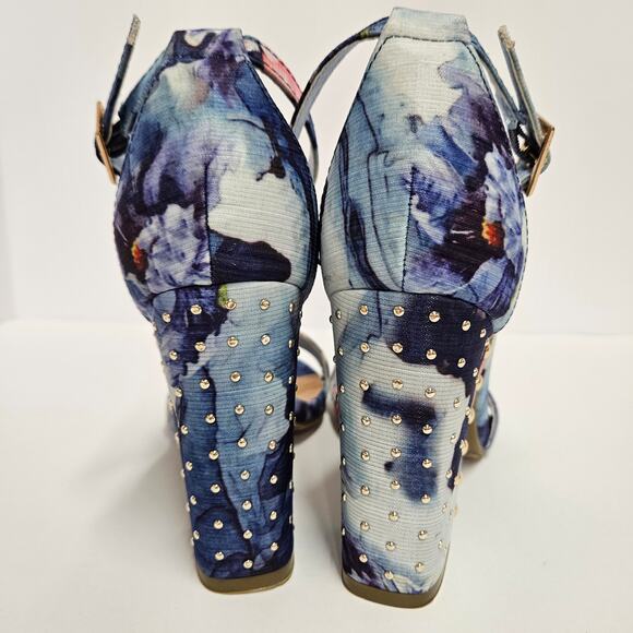 Blue Floral Bamboo Influencer Wrapped Block‎ Heel Ankle Strap Sandal Size 8 - Picture 3 of 9